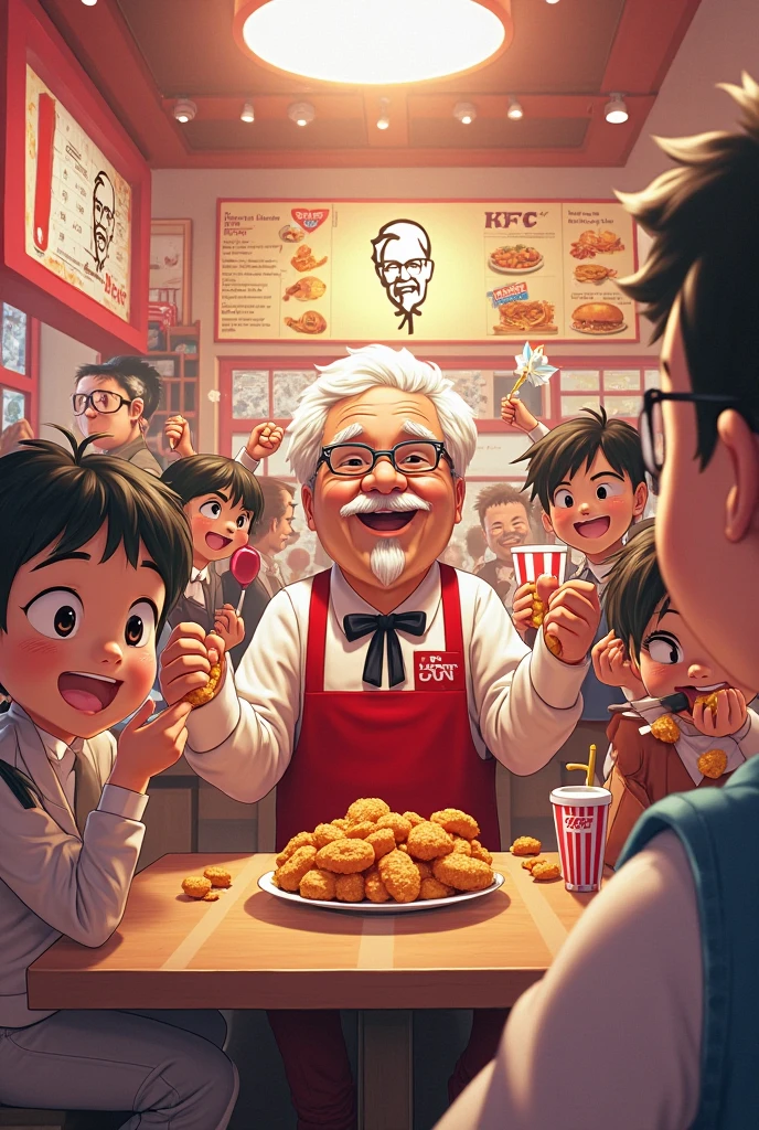 A crazy Chinese guy and a kid with a big nose eating KFC