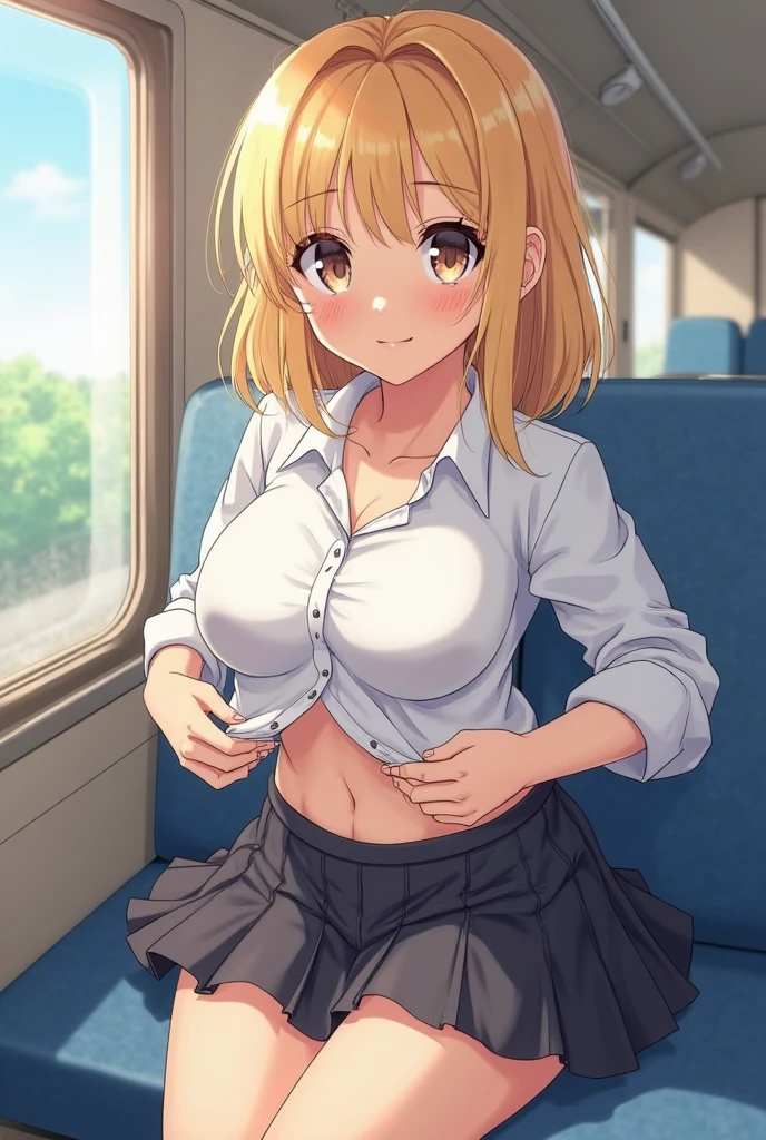 (8K:1.5),anime, cute,high school girl,bend forward,Upper body only, G-cup bust,Summer clothes, white summer clothes, white shirt, cleavage of boobs through shirt,Breast cleavage , plaid skirt,On train, sitting,(cross one's legs), looking down from above, smiling, natural makeup, eyeliner