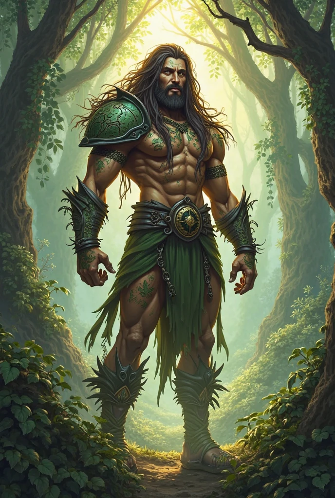 (best quality,4k,8k,highres,masterpiece:1.2),ultra-detailed,(realistic,photorealistic,photo-realistic:1.37),hugh jackman druid in a forest,green lighting,immersive environment,ancient trees,twilight atmosphere,ethereal mist,mysterious ambiance,enchanted setting,coniferous foliage,lush vegetation,woodland sanctuary,majestic oak trees,serene tranquility,spellbinding aura,pristine nature,solitary figure,commanding presence,wisdom and power,elven heritage,ancient ruins in the background,weathered stone pillars,overgrown moss,tangled ivy,whispering wind,dappled sunlight,crystal clear spring,rays of light piercing through the canopy,silhouette against the moonlight,dark cloak flowing in the breeze,enchanted staff with glowing runes,blue arcane energy pulsating,earth-toned robes,ancient druidic symbols,tranquil expression,mysterious smile,penetrating amber eyes,bearded visage,ethereal connection with nature,one with the forest,sacred chants in the air,harmony between man and nature,sublime connection with the elements,secrets of the universe,druidic rituals,enigmatic aura of magic and nature,cosmic energy radiating,pulsating life force,spiritual enlightenment,forest guardian,protector of ancient knowledge,guardian of the sacred grove