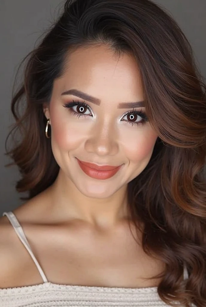 gorgeous  woman, light honey brown hair, hazel eyes, smiling at the corners of your mouth. Wearing a strapless dress posing sideways for a photo 
