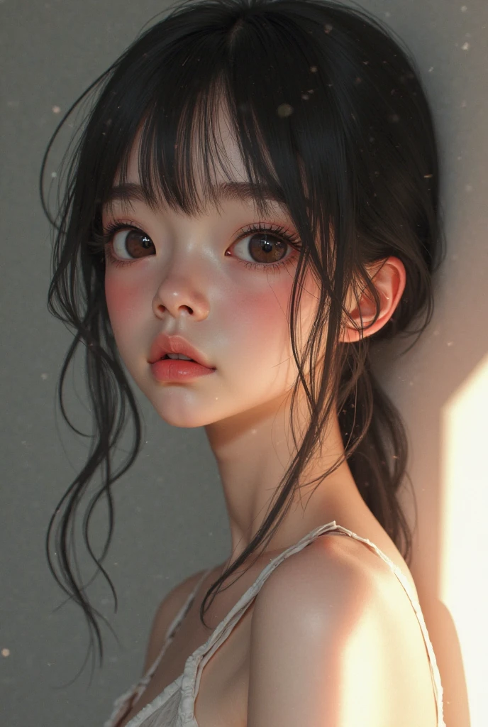 Highest image quality、Masterpiece level、Ultra-high sharpness、Fidelity 1.4，photoshoot，A girl appears[（grieves）]， a asian beauty， Korea， Super beautiful， Beautiful skins， Slim， body facing the front， （Ultra photo realsisim）， （A high resolution）， （8K），, ssmile,short detailed hair，Black shawl straight hair，46 points oblique bangs，High-definition detail、Hyper-detailing、cinematic ligh、ultra-realistic realism、Soft light、Deep field focus bokeh、with short black hair，White skin，famousartwork，s the perfect face，beauitful face，beautidful eyes，（（Perfect female body）），In a white blouse shirt，The shirt,pleatedskirt,In a white blouse shirt，The scene is dim、darkly，Present despair、pitying、Feeling of pity，Squat on the ground。Like a movie，With tears，There are tears on the face。There are tears on the clothes（Weight 1.5），drenched clothes（Weight 1.4）and bare shoulders。It's really raining，The hair is soaked。