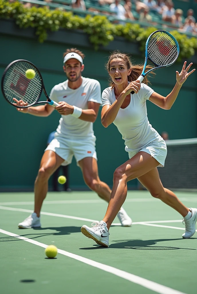 A beautiful blonde woman and a handsome man. Both 30 years old. European people. Without beard. Laughing and celebrating at a tennis match. strong sun in the late afternoon. Wearing white clothes. Wearing a tennis cap. Holding a tennis racket. Professional photography. Super-resolution, 8k, Artwork, Masterpiece, Extremely detailed, F22, Photo taken with camera using F22 lens, RAW photo, natural skin, 8k uhd, high quality, film grain, Fujifilm XT3