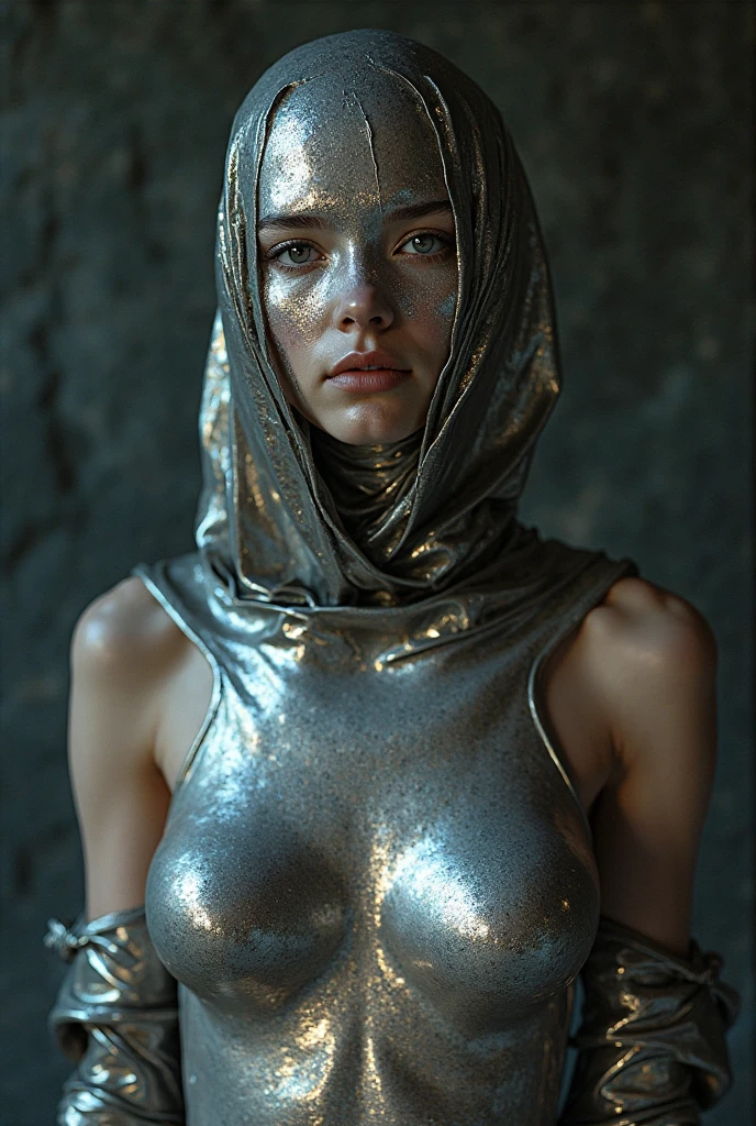 Muslim women wear headscarves, Beautiful modeling using transparent panties, (Big city where a nuclear bomb was dropped:1.5)、(Building collapse:1.5)、(silber hair:1.5),(A detailed eye:1.3)、(Detailed nose:1.3)、(Detailed lips:1.3)、(with spreading legs:1.4)、(Night) (Naked:1.5), there is a bloody wound on the leg