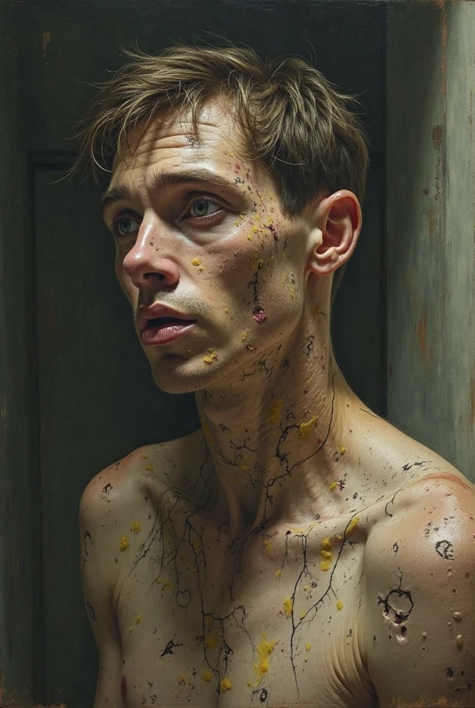 The young man without muscles, Without clothes, Beautiful, thin, without a beard, Without makeup, with glossy skin, squeezes very tightly, It presses and suffocates, a wide satin tie cuts off his breath, the young man's face is elongated, худое, very wet and expresses pain from suffocation