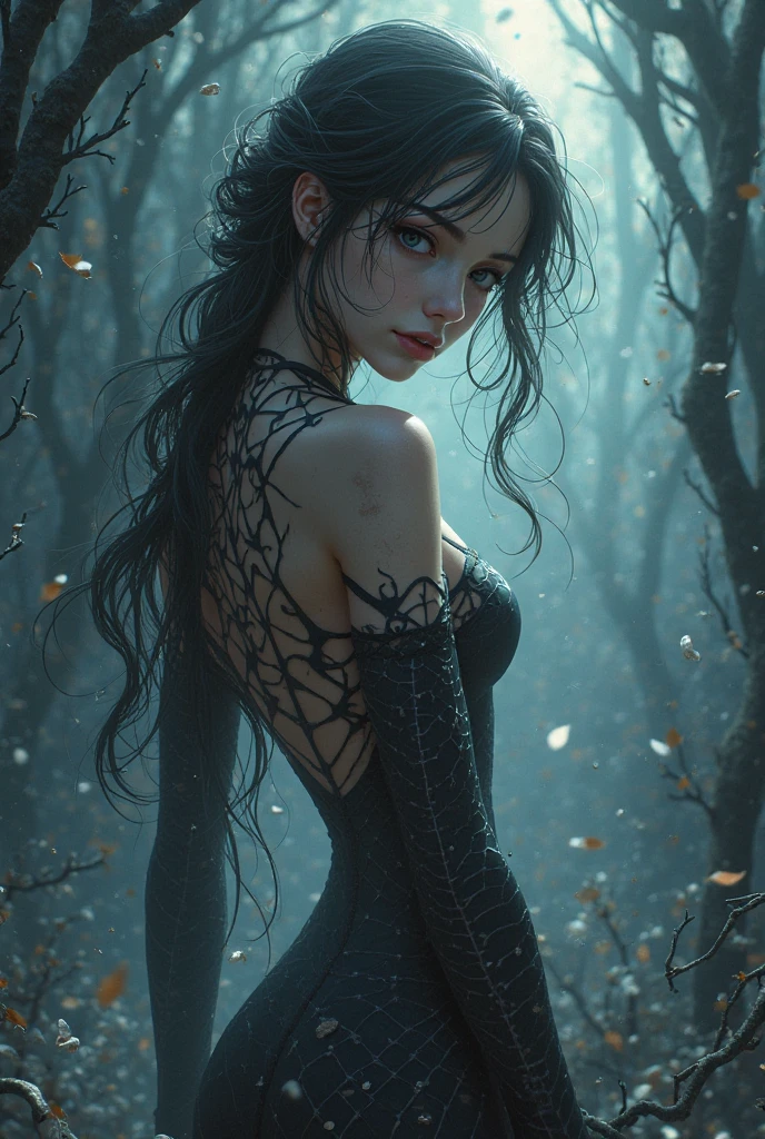 (a princess),(beautiful detailed eyes, beautiful detailed lips, extremely detailed face),(long sheer gown:1.1),(entangled in spider web:1.1),(solobound),(spider web),(best quality, 4k, highres:1.2), (ultra-detailed),(realistic:1.37),(portraits),(vivid colors),(mysterious, dark color palette),(soft lighting)