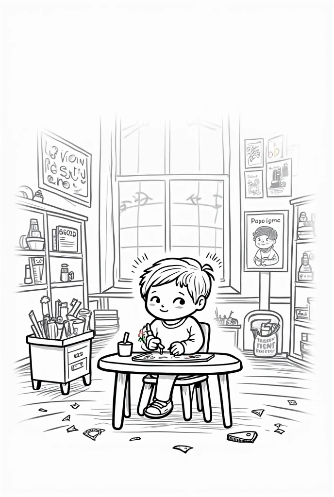 (a simple drawing of a landlord's silly son),(pencil sketch,black and white),(cartoon style,childish),(funny facial expressions, exaggerated features),(messy hair,goofy smile), (comical body proportions),(over-sized shoes, baggy pants),(large, round eyes),(colorful clothing, mismatched patterns),(surrounded by animals and plants),(bright and vibrant colors),(sunlight streaming through the window),(charming and whimsical),(naive and innocent),(playful and mischievous)