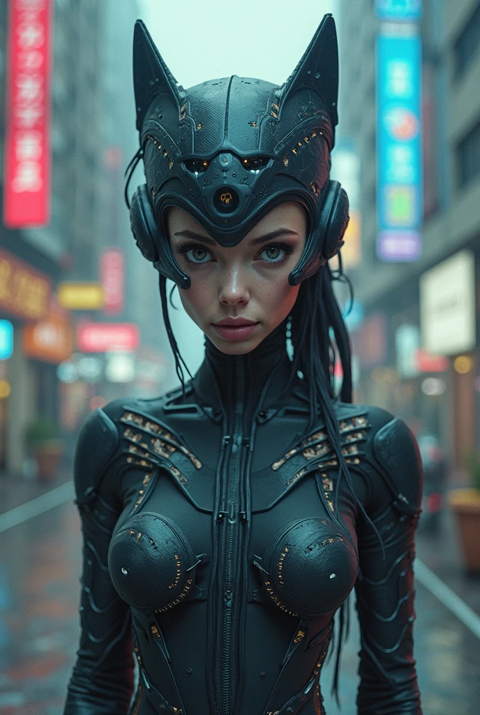 ((extremely delicate and beautiful cybernetic girl)), ((mechanical limbs)), ((detailed face and eyes)) (blood vessels connected to tubes), (mechanical vertebrae), ((mechanical cervical attaching to neck)), (wires and cables attaching to neck:1.2), ((mass of wires and cables on head)), (character focus), (((dynamic pose))), perfectly balanced eyes, nipple breast on cloths, ((cowboy shot)), (masterpiece), (((best quality))), ((ultra-detailed)), (highly detailed photorealistic CG illustration), ((big tits)) cinematic lighting, science fiction, extremely detailed, colorful, highest detail, ((black silk panty, crotch exposed)), holding sniper gun, nsg, gun, cyberpunk city background.