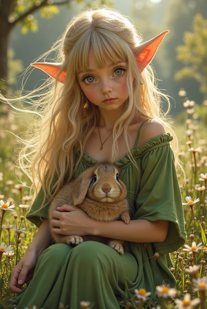 a elf mage apprentice named Elara in the magical forest of the Elfin kingdom, collecting herbs for spells on a bright day, with animals around, detailed face, realistic, fantasy art, high quality, 8k, cinematic lighting, vivid colors, magical atmosphere, intricate details