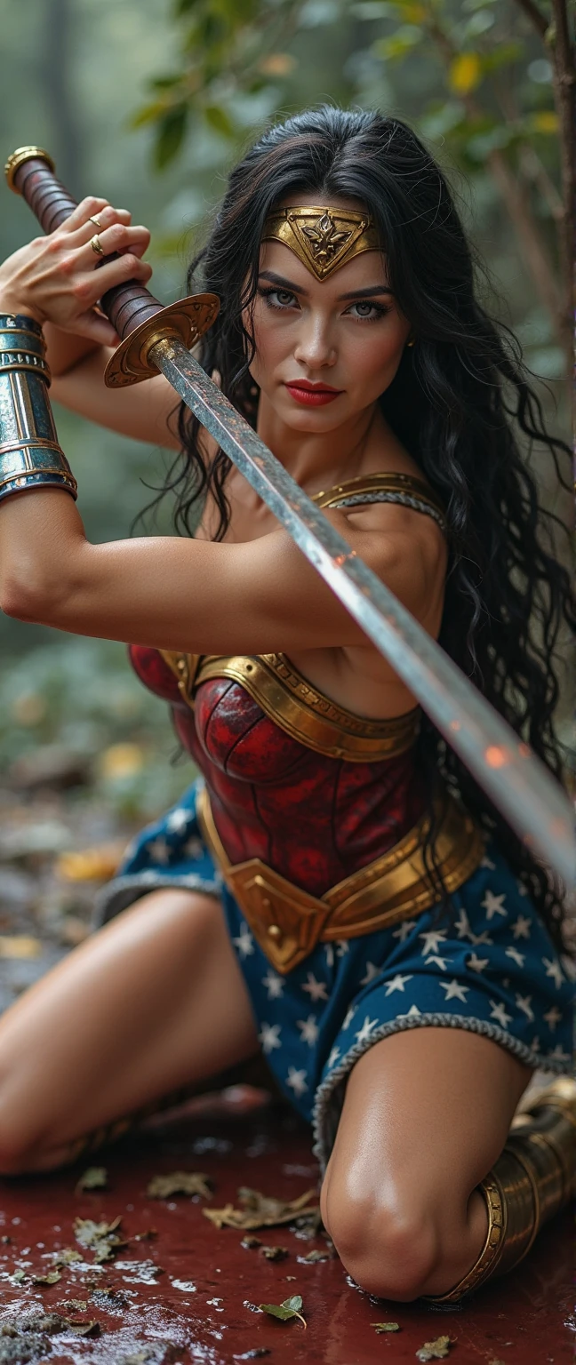 4K, Wonder Woman, muscular body, long hair, metal suit, lipstick, holding sword, silver bracelets.
