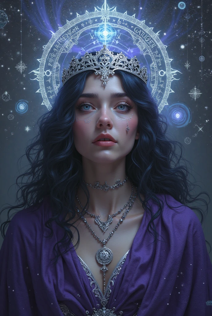 
Ethereal Majestic female goddess with dark purple , dark blue , yellow colour palette. Black hair . Dark aura . With crown