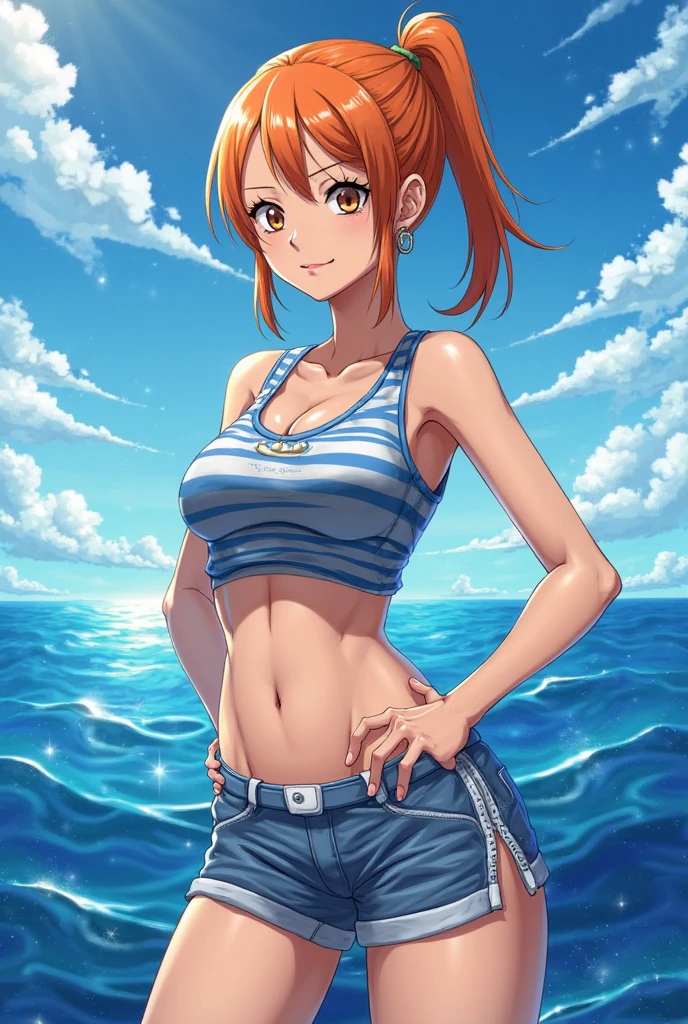 beautiful fit  woman, (large breasts, tiny waist, pronounced well-defined hip bones:1.4), orange hair. striped too small microbikini top, colorfull images, blue (very low-slung hipster jeans:1.4). strappy high heels. one piece wano nami. <lora:wanostyle_2-one_piece_wano_saga_style_lora_-_v2_offset:0.7>. running along the beach.