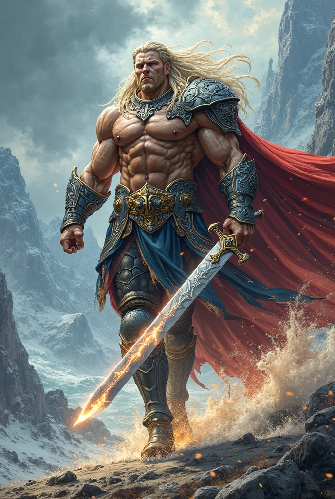 A young king standing after dominating whole empire and he is holding his sword in his arms his hairs are long and his looks are aggressive  remove  the cape and beard