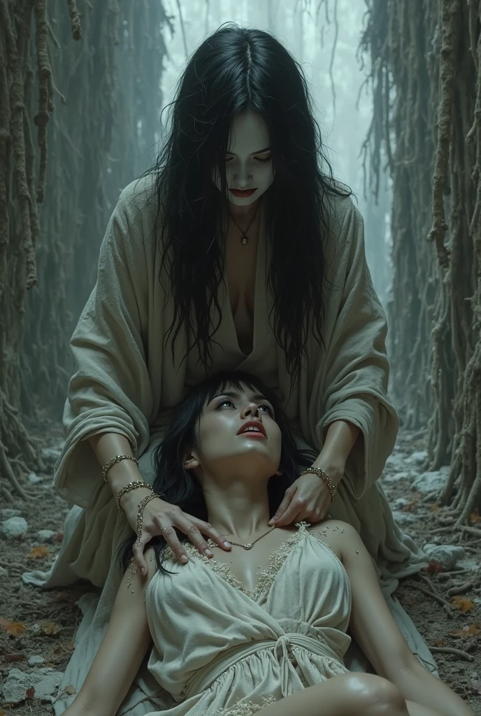 8k,crawl on the ground in the forest,very large breastの,超A high resolution,real looking skin,Horror ,very long black hair, Sadako,Super beauty(Like the real thing), wearing a dirty gown, eerily distorted face,thirds rule, Tonal color scheme, White kimono, mystery, Horror, Crazy look,In the style of Denis Villeneuve, Film Still, cinestill 800,Fantasyart,character art,sexy for,Horrific morphology,grudge,Grievances,very large breast,Crawling to the ground,old very large well in the forest,Middle-aged woman,Lie down and look up,reaching out her hands,,Wide open mouth,Female in her 40s,
