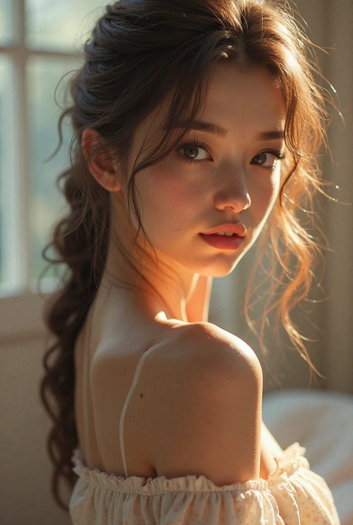 Portrait of a beautiful 18 year old girl, Redhead, Gorgeous Chinese, Cotton panties, At the entrance, (dark private office, Dark and gloomy light: 1.2), masterpiece, 最high quality, high quality, High resolution,, Braided hair、(Face close-up)、