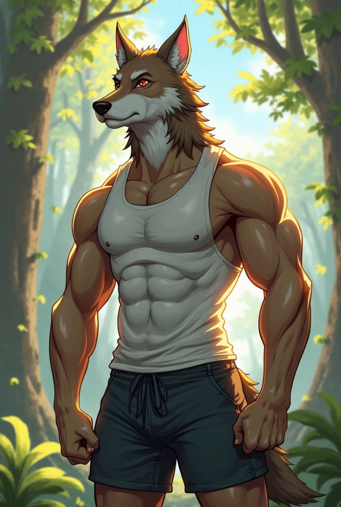 Masterpieces, furry, male, Anthropomorphic, full body, old age, rugged,  brown wolf, proper fit body type, slender body type, Delicate eyes, white goatee, white fur, glistening body, tan skin, criminal, depth of field, warm lighting, bright lighting, (best quality),(masterpiece),(ultra detailed), sharp focus, jungle background, fierce look, evil grins, scars, glossy, oiled up skin, shirtless, dark blue camo pants, toned six packs, sharp black nipples, camouflage body paint