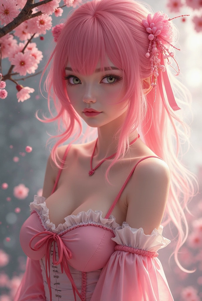 A Japanese girl with pastel pink hair, wearing a transparent pastel pink dress, with large breasts, black panties, red eyes, and pink lips.