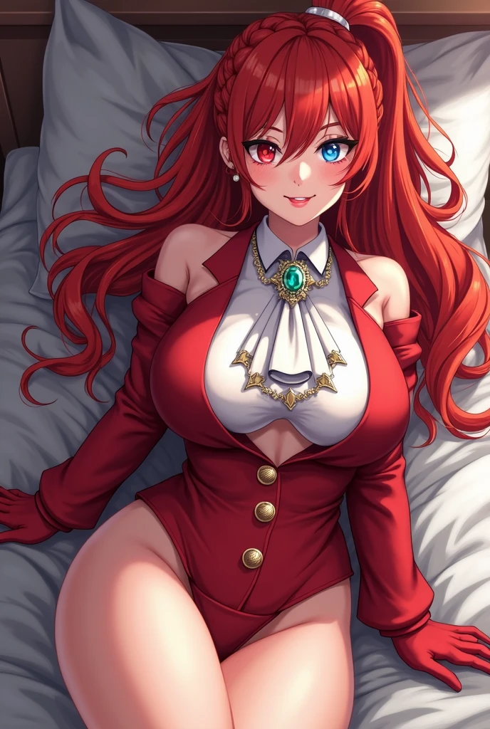 Full body, beatiful eyes, blush, cute face, realistic, 8k, best quality, masterpiece, (1 cute woman, solo: 1.1), very big breasts, long red hair, red dress, red elbow gloves, red knee height boots