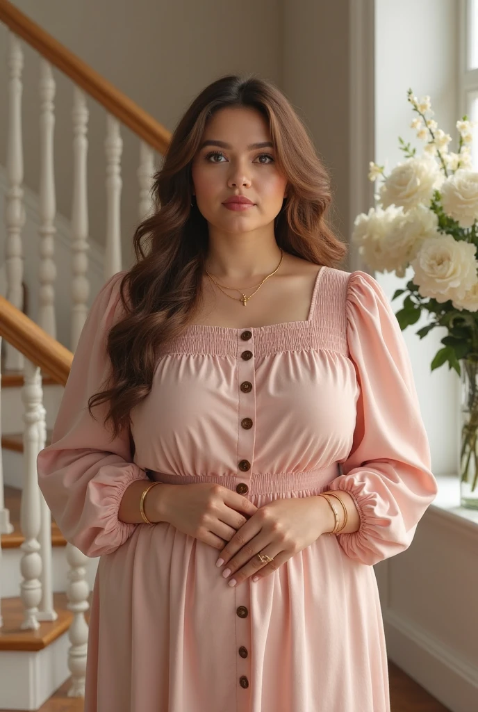 RAW, Best quality, high resolution, masterpiece: 1.3), beautiful Malay woman:0.8),perfect nose, perfect lips, perfect eyes, detail :1.2), big breasts, full body, beautiful face, thick thighasterpiece))), best quality, realistic, photorealistic, ultra detailed,extremely detailed face, solo,1girl, pink_shirt, wearing handscarf,no_makeup,long dress, long curly hair,bang,walking, city, rain,