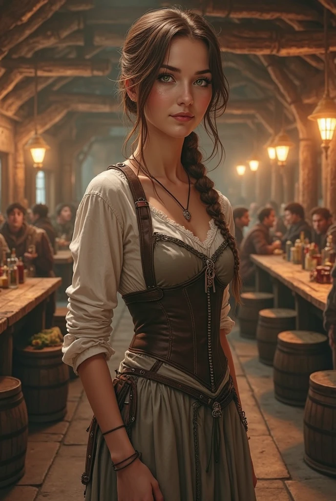 8k, masterpiece, best quality, realistic, higly detailed, 1human, female human, 55 years old human, female, solo, Mia Grand, DanMachi, dnd, d&d, dungeons and dragons, dungeons & dragons, rpg, ttrp, brown eyes, long brown hair, wears a medieval bartender outfit in dark tones, adult woman 55 years old