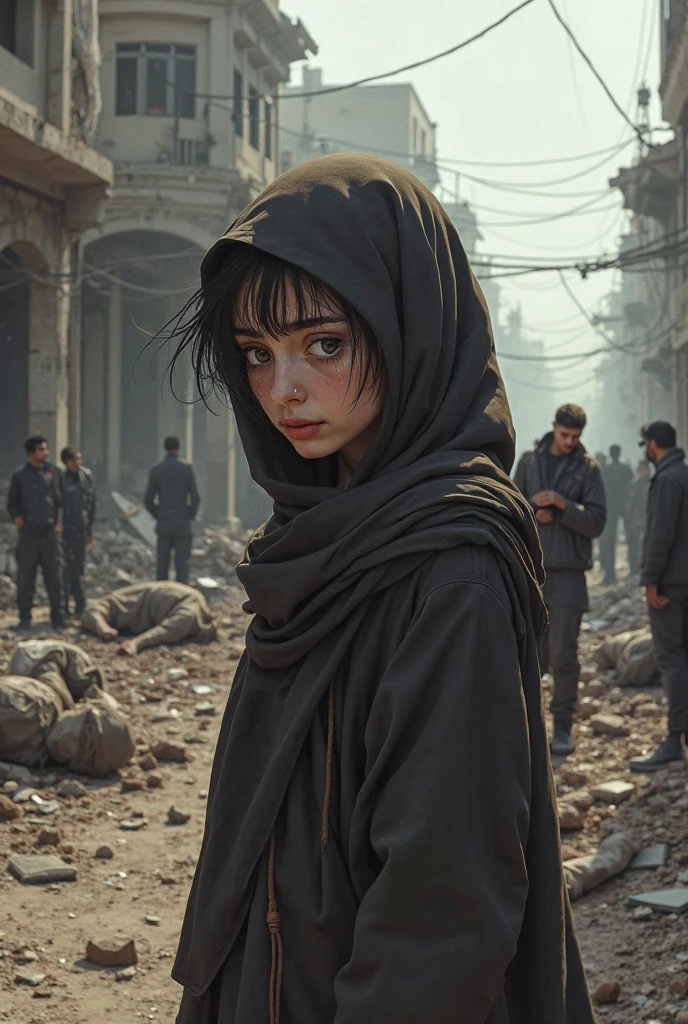foto realista, mulher meia idade, whitish eyes, marks of tired expression, cabelos pretos liso ondulado, pele clara,, suja, casaco cinza, scarf around the neck, olhar triste chorando lagrimas suave,em desespero. Post-apocalyptic scenario, ambiente apocaliptco, a crowd in despair blurred in the background.