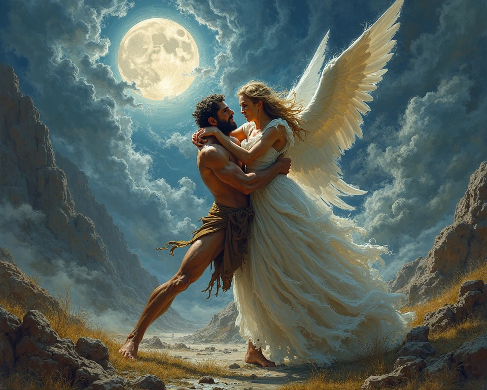 depicting the dramatic encounter between Jacob and the Angel. It captures the intense struggle under the moonlit night.