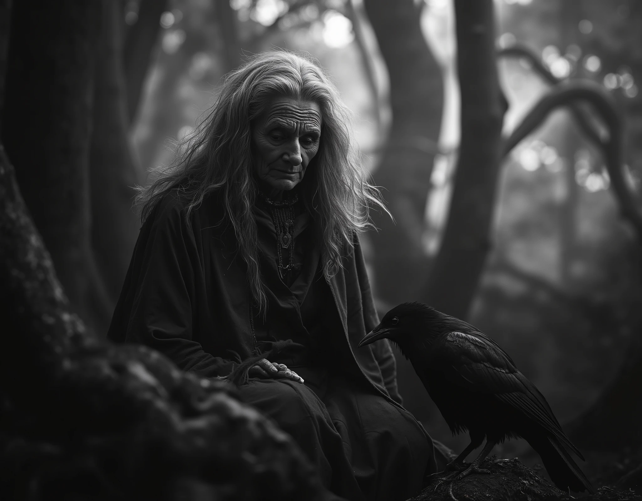 "Realistic fine art editorial black and white photograph of an elderly woman standing alone in a dense, ancient forest, evoking the timeless image of a witch from folklore. She has a deeply lined, weathered face with expressive features shaped by age and experience, and long, disheveled gray hair cascading over her shoulders. Her eyes are shadowed but alert, gazing slightly downward toward a large black crow perched on a gnarled tree root or low branch near her. Her posture and subtle facial expression suggest she is in silent conversation with the bird, as if sharing a secret or receiving a message. Her hands hang naturally by her sides, fingers gently curved, aged and textured. She wears layered, earth-toned robes — frayed and heavy with age — that drape naturally over her body and blend with the surrounding forest floor. The environment is thick with towering, ancient trees, twisted branches, and a soft morning fog that veils the background. The lighting is dramatic and directional, casting sharp highlights and deep shadows, emphasizing the contours of her face, robes, and the slick feathers of the crow. The monochrome palette uses velvety blacks and glowing grays to enhance the emotional weight and mystical realism of the moment. Shot with a shallow depth of field, natural light, and fine film grain, the image feels like a quiet, captured fragment from an ancient folktale glimpsed through a lens of raw truth."