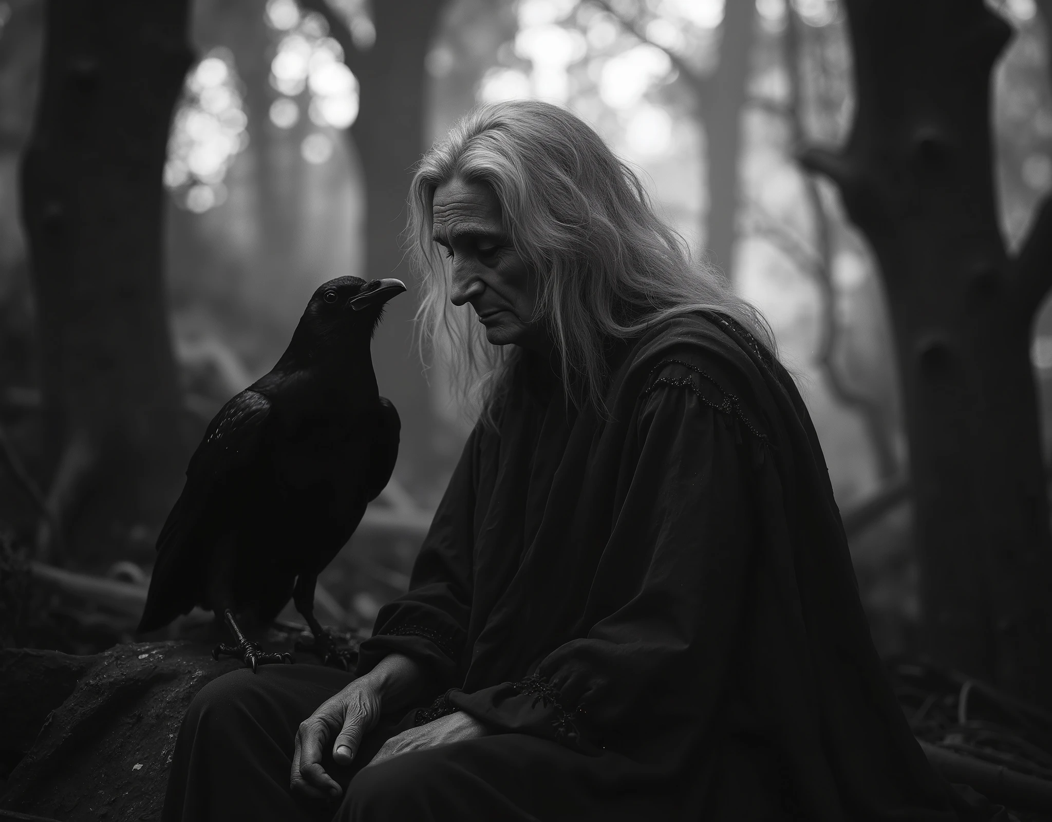 "Realistic fine art editorial black and white photograph of an elderly woman standing alone in a dense, ancient forest, evoking the timeless image of a witch from folklore. She has a deeply lined, weathered face with expressive features shaped by age and experience, and long, disheveled gray hair cascading over her shoulders. Her eyes are shadowed but alert, gazing slightly downward toward a large black crow perched on a gnarled tree root or low branch near her. Her posture and subtle facial expression suggest she is in silent conversation with the bird, as if sharing a secret or receiving a message. Her hands hang naturally by her sides, fingers gently curved, aged and textured. She wears layered, earth-toned robes — frayed and heavy with age — that drape naturally over her body and blend with the surrounding forest floor. The environment is thick with towering, ancient trees, twisted branches, and a soft morning fog that veils the background. The lighting is dramatic and directional, casting sharp highlights and deep shadows, emphasizing the contours of her face, robes, and the slick feathers of the crow. The monochrome palette uses velvety blacks and glowing grays to enhance the emotional weight and mystical realism of the moment. Shot with a shallow depth of field, natural light, and fine film grain, the image feels like a quiet, captured fragment from an ancient folktale glimpsed through a lens of raw truth."