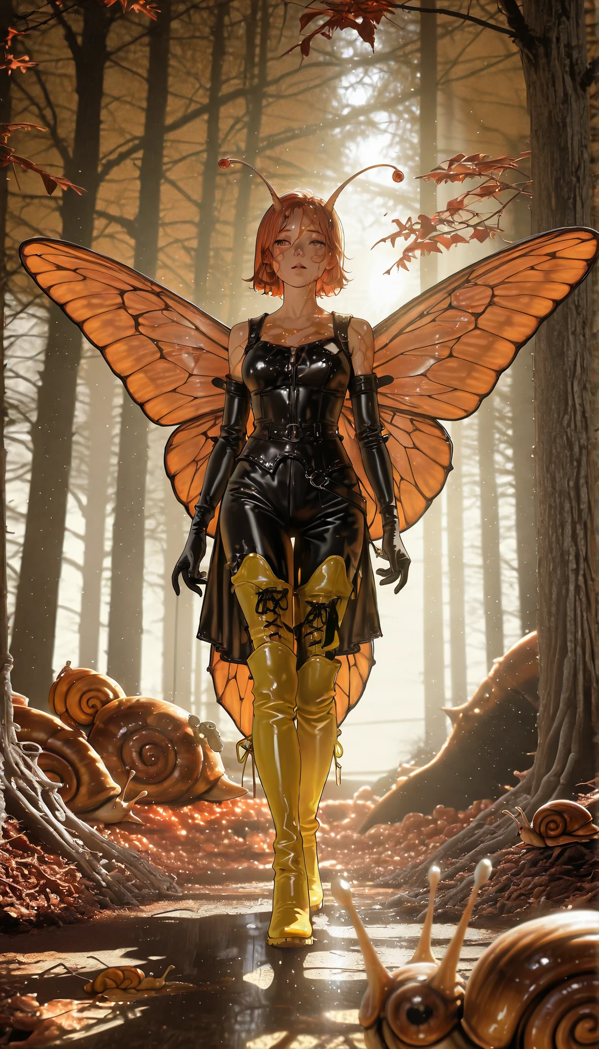photorealistic, beautiful detailed eyes, detailed leather, detailed hair, volumetric lighting, Extremely detailed dapple, light particles, dramatic shadows, film lighting, photo background, depth of field,,Contour with chromatic aberration,delimited outline,contrasts ,Sketch of a snail girl, yellow boots ,baba,fluid all over your body,snail lubricant,sticky