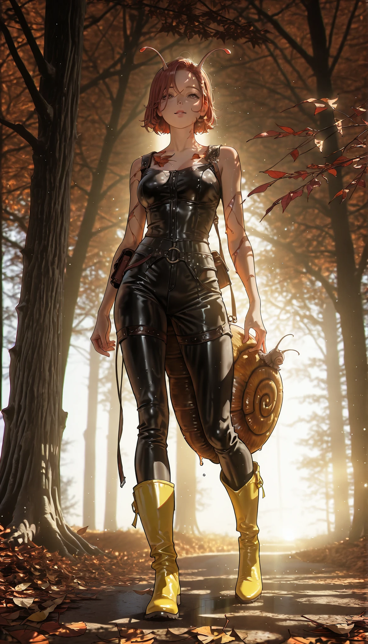 photorealistic, beautiful detailed eyes, detailed leather, detailed hair, volumetric lighting, Extremely detailed dapple, light particles, dramatic shadows, film lighting, photo background, depth of field,,outline with chromatic aberration,delimited outline,contrasts ,Sketch of a snail girl, yellow boots ,baba,tree leaves flowing all over your body,snail lubricant,sticky