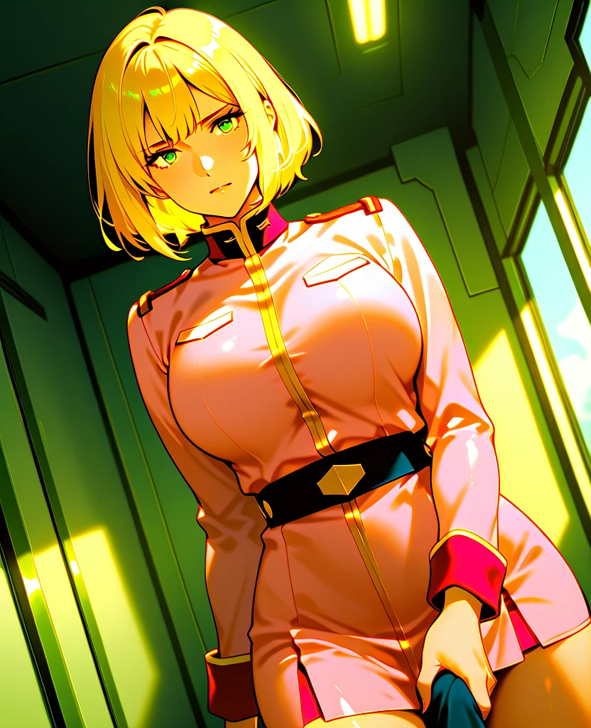 nsfw,general,high resolution, ULTRA DETAIL,extremely sophisticated,Highest Quality ,best arm,best eye,easynegative,
Dynamic Angle, Dutch Angle, (angle seen from the front:1.3)、
1 woman,watching viewers,spaceship, put hands on lower back,
Saila Mass,blonde_hair, short_hair, green_eye, huge_chest,(pink military uniform),(Sexy Poses:1.4)、(not wearing a skirt:1.4)、(handjob),