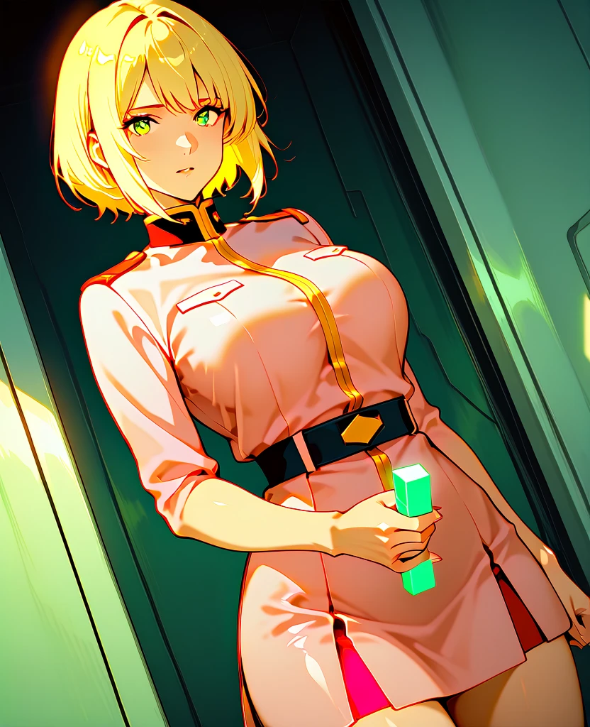 nsfw,general,high resolution, ULTRA DETAIL,extremely sophisticated,Highest Quality ,best arm,best eye,easynegative,
Dynamic Angle, Dutch Angle, (angle seen from the front:1.3)、
1 woman,watching viewers,spaceship, put hands on lower back,
Saila Mass,blonde_hair, short_hair, green_eye, huge_chest,(pink military uniform),(Sexy Poses:1.4)、(not wearing a skirt:1.4)、(handjob),