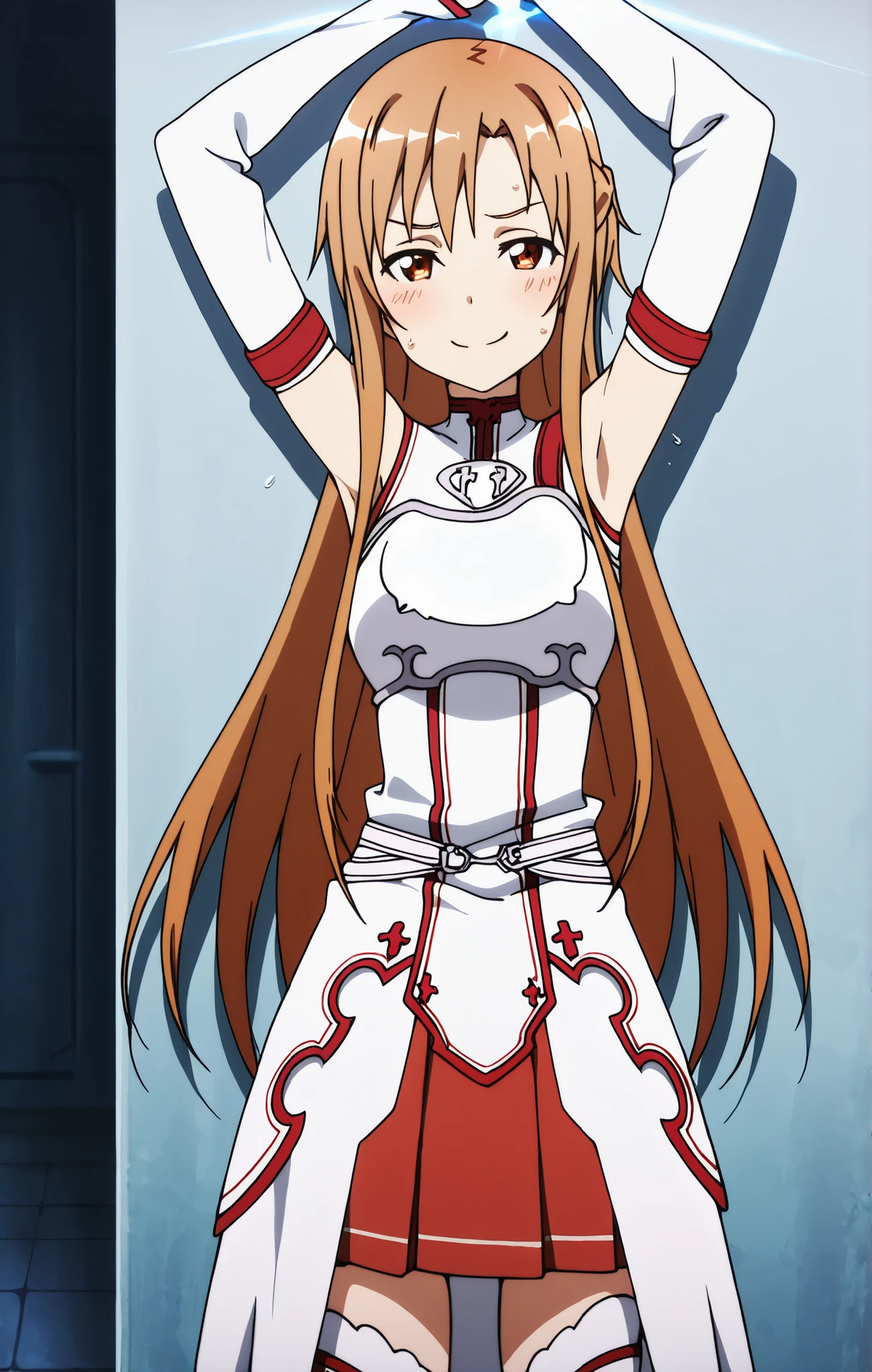 masterpiece, best quality, amazing quality, anime screencap, anime coloring, 1girl, solo, Yuuki Asuna, Yuuki Asuna SAO costume, White Armor, White breastplate, White isolated sleeve, (character), long hair, detached sleeves, bare shoulders, bare arms, arms up, raised arms, armpits, sweaty, head towards viewer, looking at viewer, smile, smug, grin, glint, closed mouth, curious stare, blush, (front light:1.1), outside, armpit shadow, sweat drops, red skirt, thigh highs,