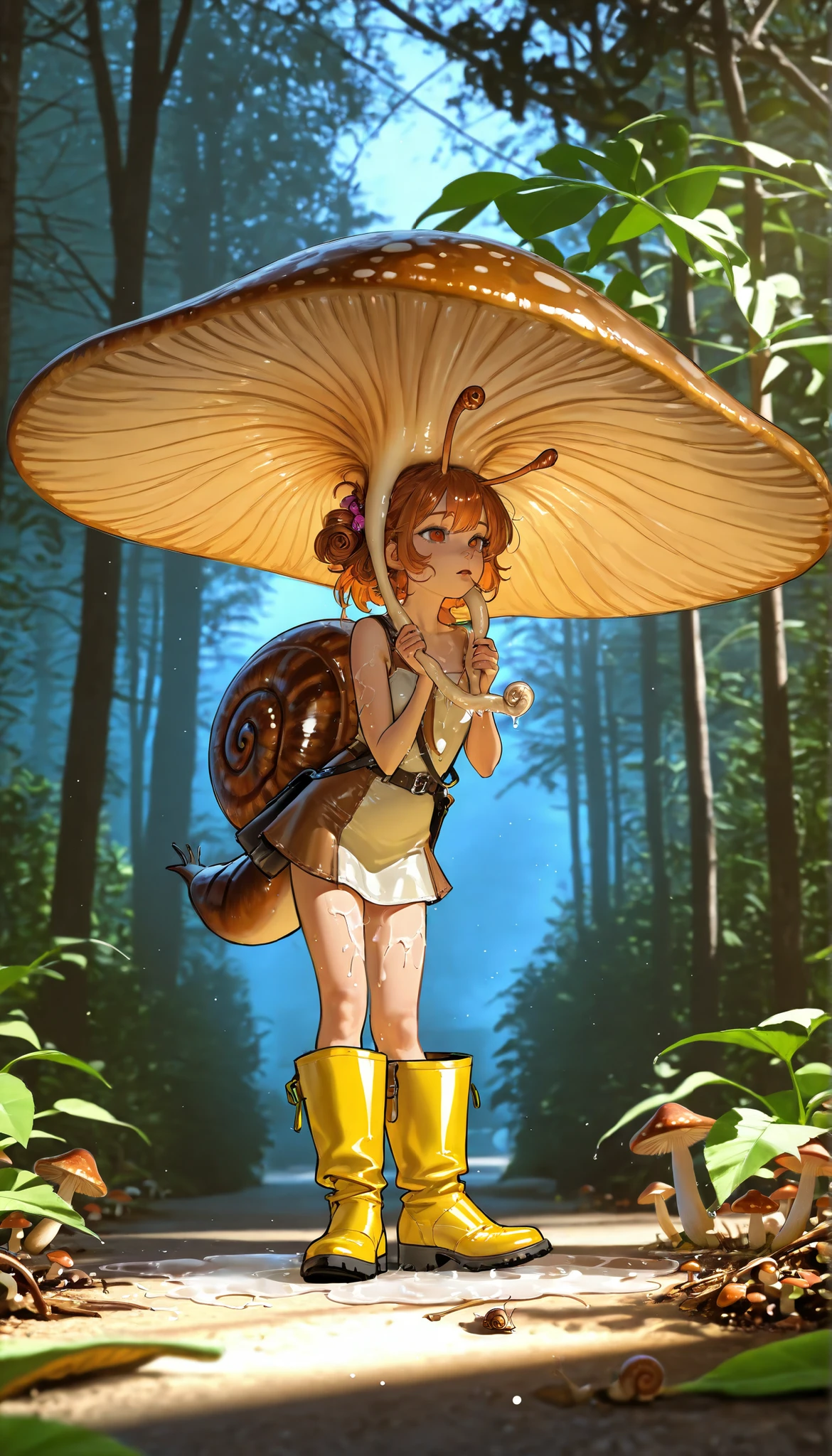 photorealistic, beautiful detailed eyes, detailed leather, detailed hair, volumetric lighting, Extremely detailed dapple, light particles, dramatic shadows, film lighting, photo background, depth of field,,Contour with chromatic aberration,delimited outline,contrasts ,Sketch of a snail girl, yellow boots ,baba,fluid all over your body,snail lubricant,sticky,Mushroom jungle
