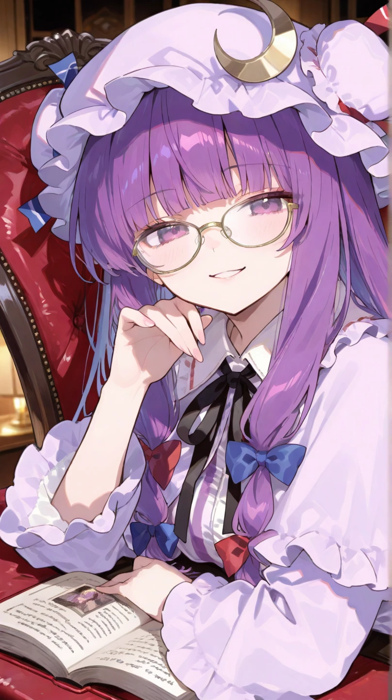 Long hair anime girl holding clock and flowers, anime moe art style, purple hair, silver hair, purple eyes, thin frame silver glasses
