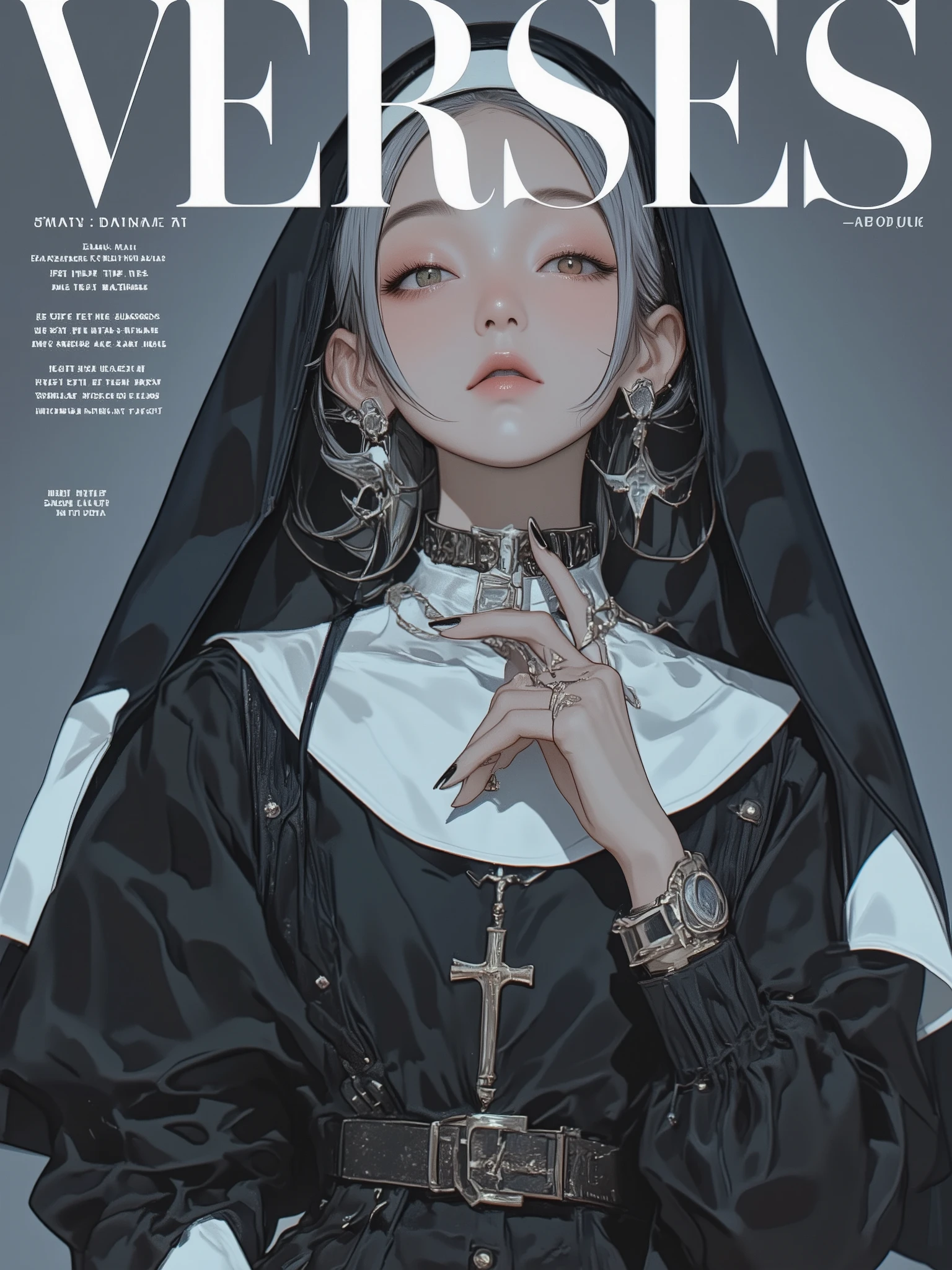 fashion magazine cover featuring a close-up portrait of a mysterious woman in a modern nun-inspired outfit, poetic and surreal atmosphere, elegant lighting and minimalist background, styled like a high-end poetry-themed fashion issue, large title “VERSES” at the top, subtle and cryptic catchphrases like “She speaks in silence, and the silence rhymes.” and “The Shape of Echoes” written around her, inspired by Vogue and avant-garde poetry zines, soft cinematic shadows, stylized typography layout, ultra detailed, best quality, trending on ArtStation