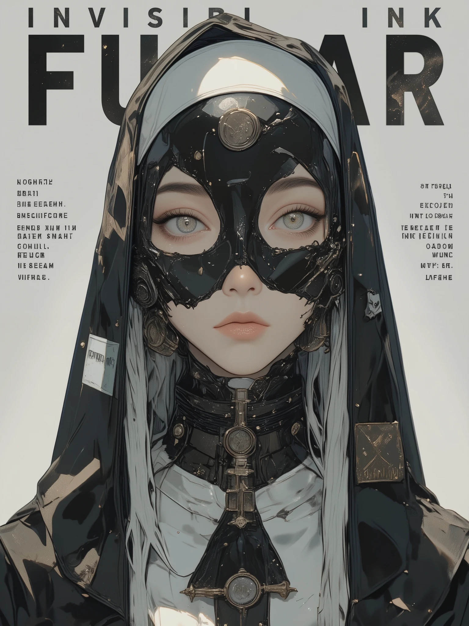 fashion magazine cover featuring a close-up portrait of a mysterious woman in a modern nun-inspired fashion outfit, soft shadows and poetic lighting, minimalist background, styled like a high-end poetry-themed fashion editorial, large serif title “INVISIBLE INK” at the top, cryptic and elegant poetic phrases such as “You can’t read this, but you feel it.” and “A prayer stitched in velvet.” positioned around the model, surreal atmosphere, inspired by art zines and experimental typography, cinematic shadows, stylized magazine layout, best quality, ultra detailed, trending on ArtStation