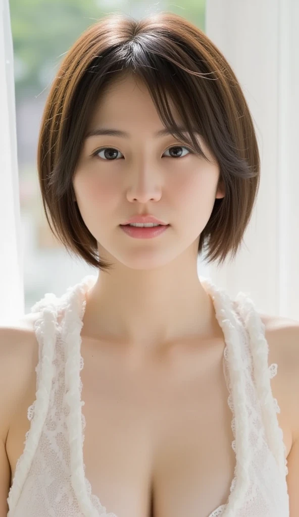 ((top-quality、8K、masterpiece:1.3))、Detail Women:1.3、(Medium short hair、Colossal tits:1.4)、Sleeveless knitted clothing、ultra -detail、the detail、eyelid、Relax in the living room