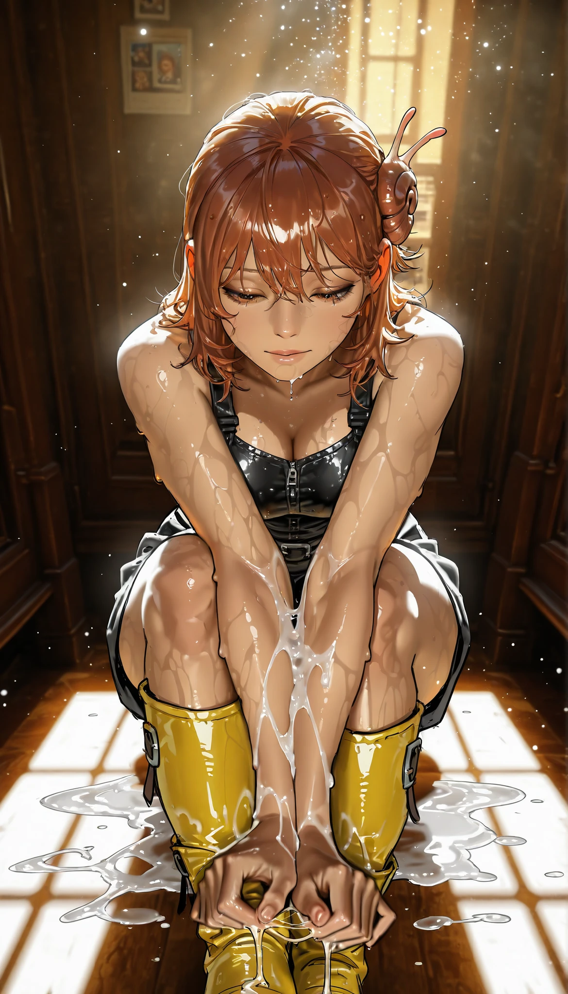 photorealistic, beautiful detailed eyes, detailed leather, detailed hair, volumetric lighting, Extremely detailed dapple, light particles, dramatic shadows, film lighting,  photo background, depth of field,masterpiece,The best quality,newer,absurdres,highres,very far away view,Contour with chromatic aberration,delimited outline,contrasts ,((Sketch of a snail girl)), yellow boots ,baba,fluid all over your body,snail lubricant,sticky,todo el cuerpo sticky,fluid on the hands,soaked skin