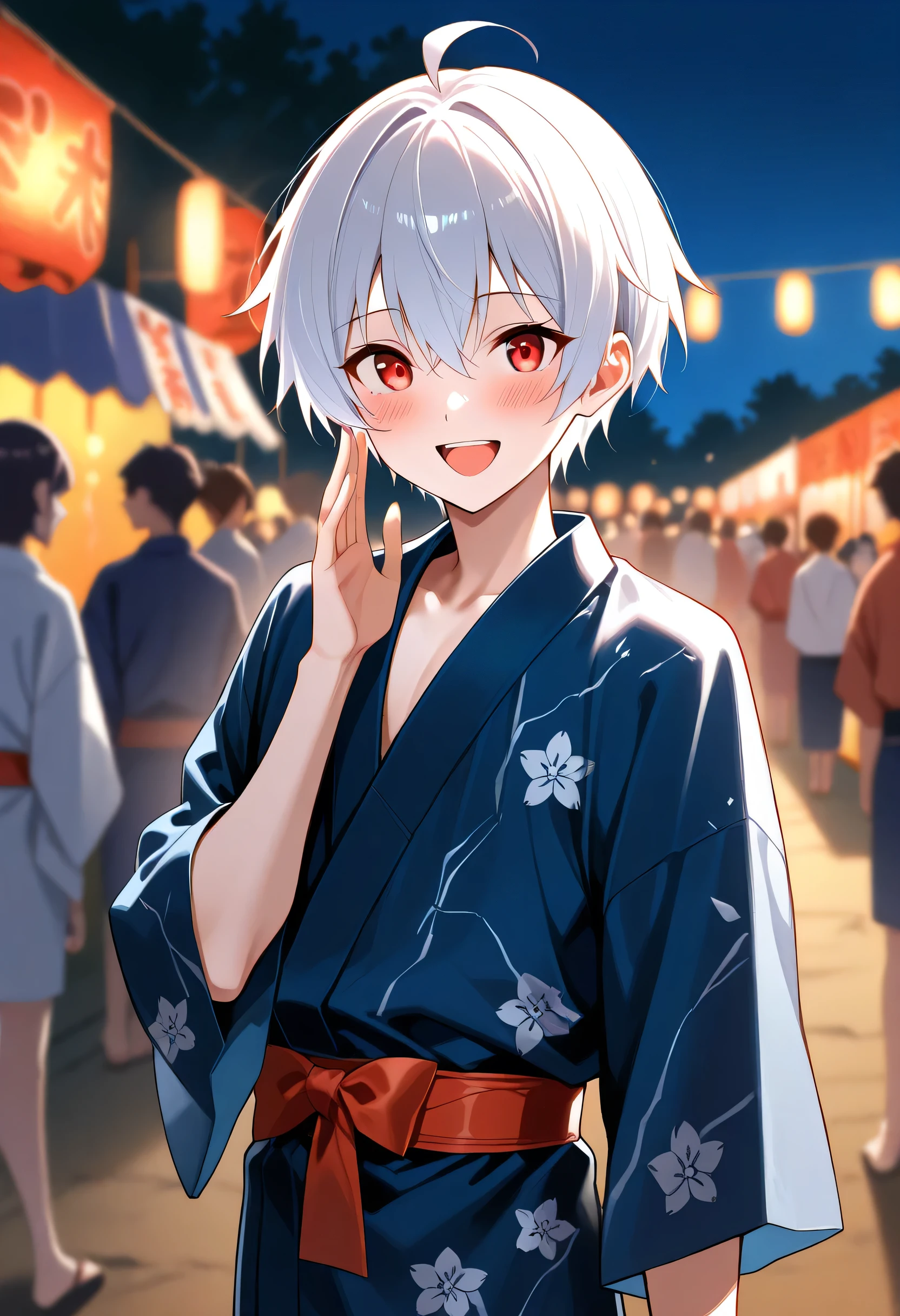score_9, score_8_up, score_7_up, source_anime, masterpiece, solo, ((femboy)), ((feminine male)), ((Ahoge)), ((White very-short hair)), red eyes,dark blue yukata, skinny body, happy smile, blush, ((open mouth)), BREAK ((japanese summer festival)), in the night, crowd, '((blurry background,)) ((singel hand up)), looking at viewers,
