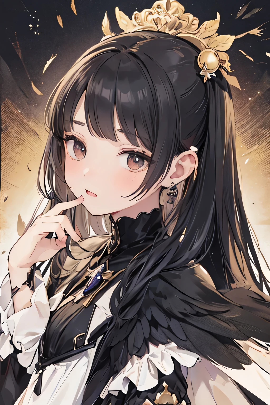 a female angel with long BLACK HAIR, and black eyes. a long purple and gold dress, like in the Victorian era. Her expression is one of disgust and coldness, she is cold, as if she no longer has any perspective on life. long BLACK white wings on her back. small feathers above her ears, dont forget the feathers above the ears, they are important. she looks like a ager. please, focus on her face. remember she is an angel and have wings and feathers.
