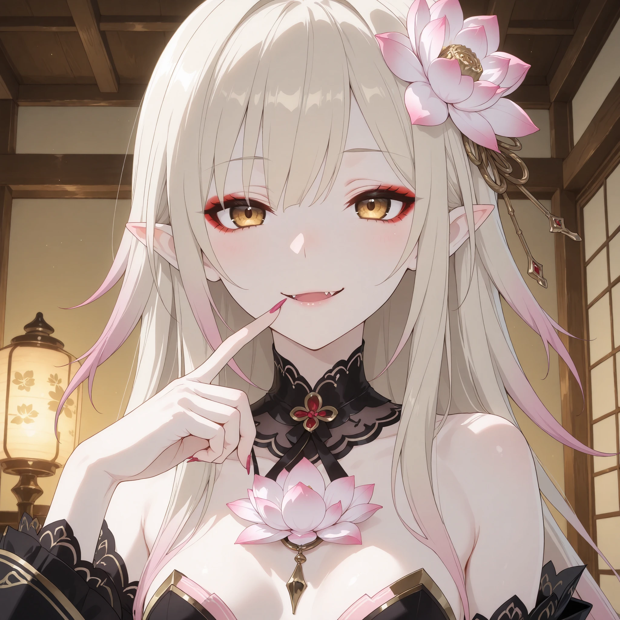 pale-blonde hair, Beautiful, Long Hair, (Rose gradient on hair), Golden Eyes black kimono, cheeky, alluring, fang, cunning, sly , sexy expression, mature, eyeliner, pale hair,detached sleeves kimono, flowy hair, japanese house background, cherry pink Stiletto nails, pale skin, pink lotus flower on hair, small breast, long kimono, pointy ears, sexy smile, finger on lips, close up, (Lotus flower on chest), sharp nails, night