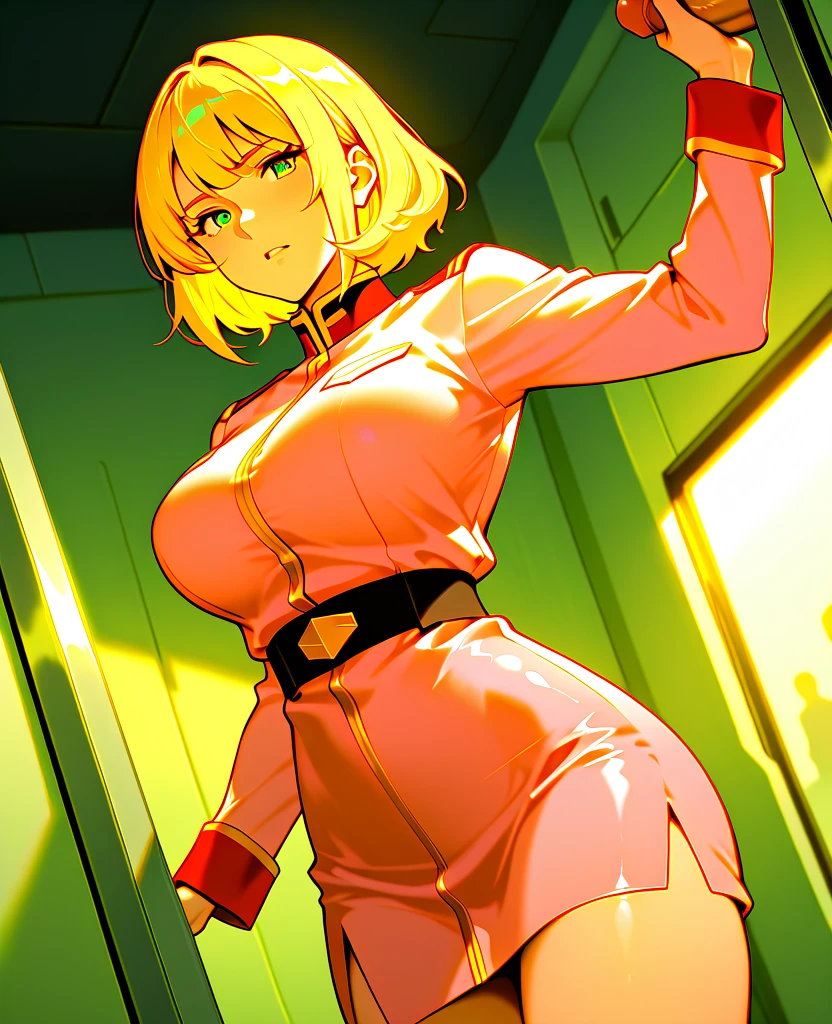 nsfw,general,high resolution, ULTRA DETAIL,extremely sophisticated,Highest Quality ,best arm,best eye,easynegative,
Dynamic Angle, Dutch angle, (angle seen from the front:1.3)、
1 woman,watching viewers,spaceship, put hands on lower back,
Saila Mass,blonde_hair, short_hair, green_eye, huge_chest,(pink military uniform),(Sexy Poses:1.4)、(not wearing a skirt:1.4)、(handjob),Man's 1 penis、(Penis is not wearing a skirt on the side of the face:1.2)、