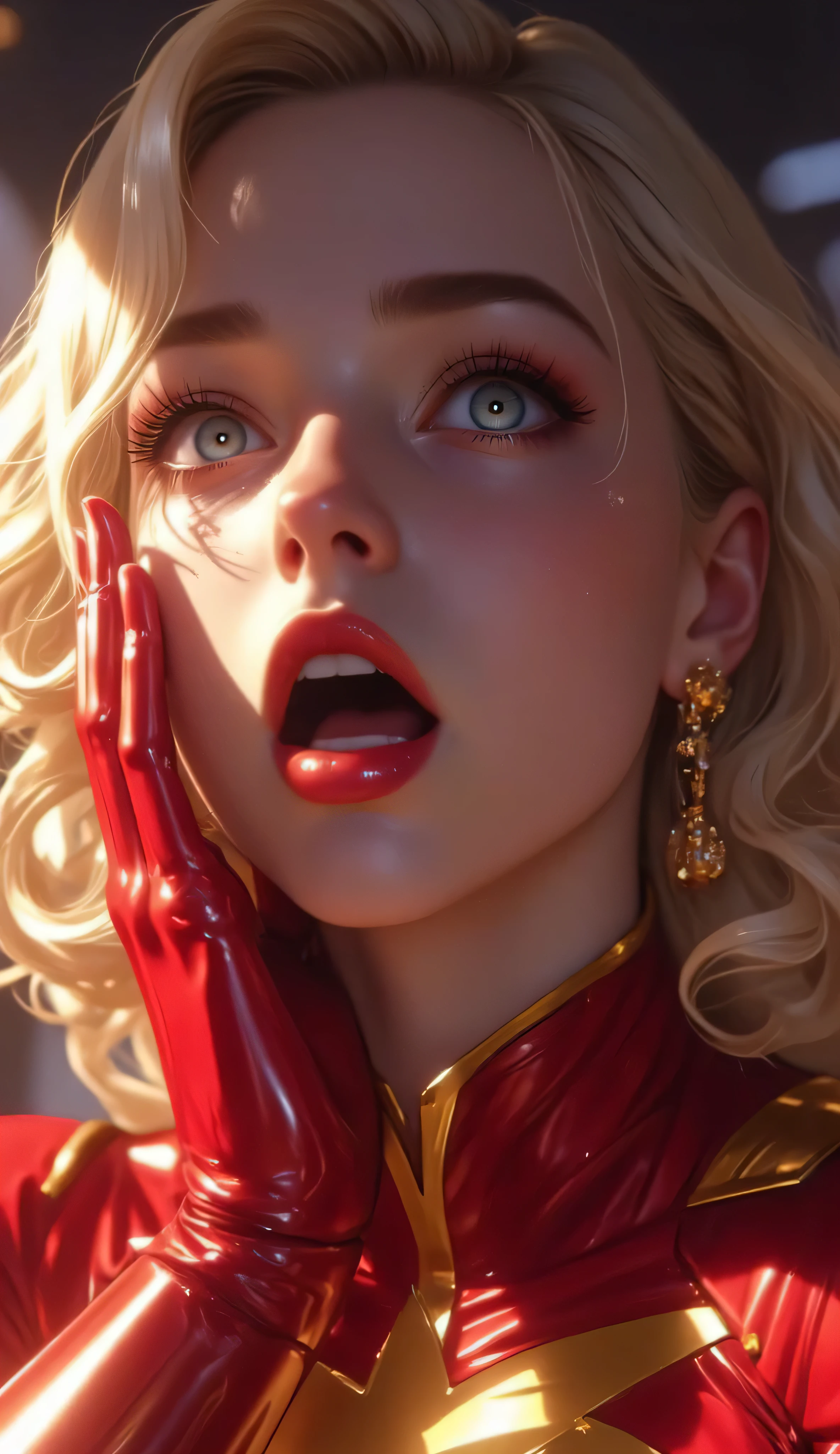 A hyper-realistic, ultra-detailed 8K cinematic close-up of Power Girl. Focus on her shocked facial expression — wide blue eyes, slightly parted lips, and raised eyebrows. She has one hand pressed to her cheek in surprise, her fingers gently touching her face. Her blonde hair is tousled slightly, adding to the sense of sudden emotion. The lighting is dramatic, highlighting her expression and hand gesture. The background is softly blurred to maintain full focus on her emotional reaction.

