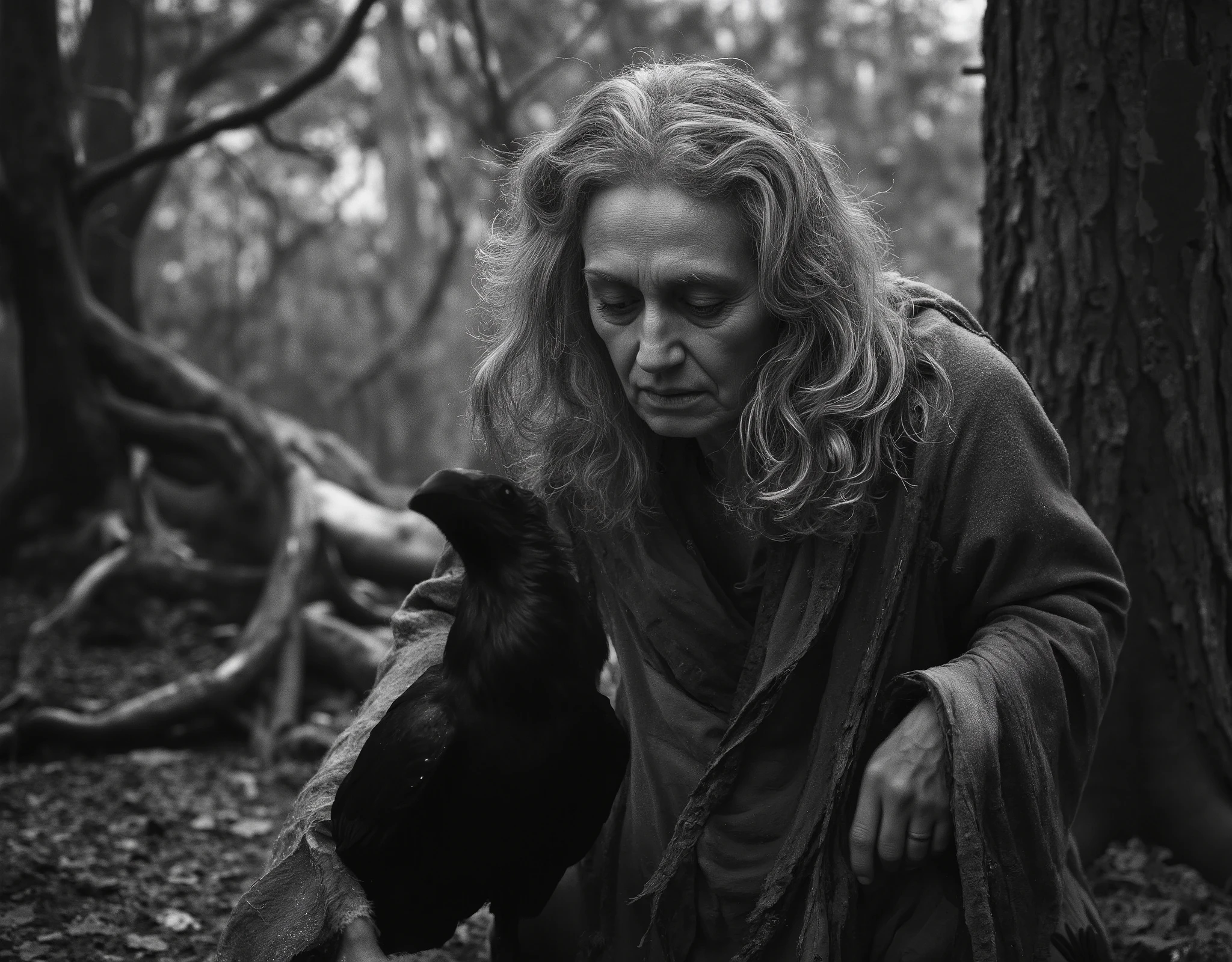 "Realistic fine art editorial black and white photograph of an elderly woman standing alone in a dense, ancient forest, evoking the timeless image of a witch from folklore. She has a deeply lined, weathered face with expressive features shaped by age and experience, and long, disheveled gray hair cascading over her shoulders. Her eyes are shadowed but alert, gazing slightly downward toward a large black crow perched on a gnarled tree root or low branch near her. Her posture and subtle facial expression suggest she is in silent conversation with the bird, as if sharing a secret or receiving a message. Her hands hang naturally by her sides, fingers gently curved, aged and textured. She wears layered, earth-toned robes — frayed and heavy with age — that drape naturally over her body and blend with the surrounding forest floor. The environment is thick with towering, ancient trees, twisted branches, and a soft morning fog that veils the background. The lighting is dramatic and directional, casting sharp highlights and deep shadows, emphasizing the contours of her face, robes, and the slick feathers of the crow. The monochrome palette uses velvety blacks and glowing grays to enhance the emotional weight and mystical realism of the moment. Shot with a shallow depth of field, natural light, and fine film grain, the image feels like a quiet, captured fragment from an ancient folktale glimpsed through a lens of raw truth."