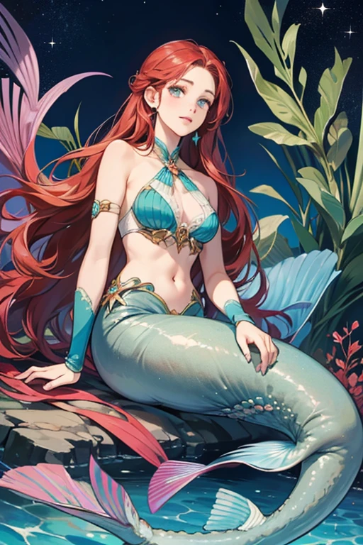 mermaid, (extremely detailed CG unity 4k wallpaper),(masterpiece),(best quality),(ultra-detailed),(best illustration),(best shadow),(absurdres),(Detailed background), Very long bright red hair (Hime), pale skin, Blue eyes, Seashell bikini top, Fantasy aesthetic, Under the sea background, Close up, Angry, Arrogant, Fit build,