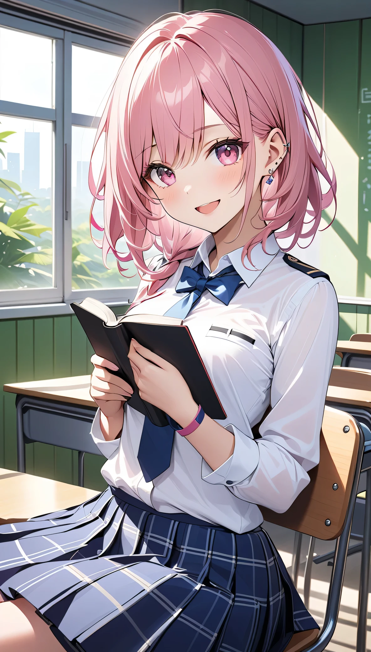 masterpiece, best quality, small , shiny skin,1girl, cute, innocent look, (pink hair:1.2), (big eyes:1.5), smiling, (school uniform), (holding a book), (sitting on a bench), (cherry blossom trees), (soft shading), (pastel colors), (blushing:1.3), (sparkles:1.5)