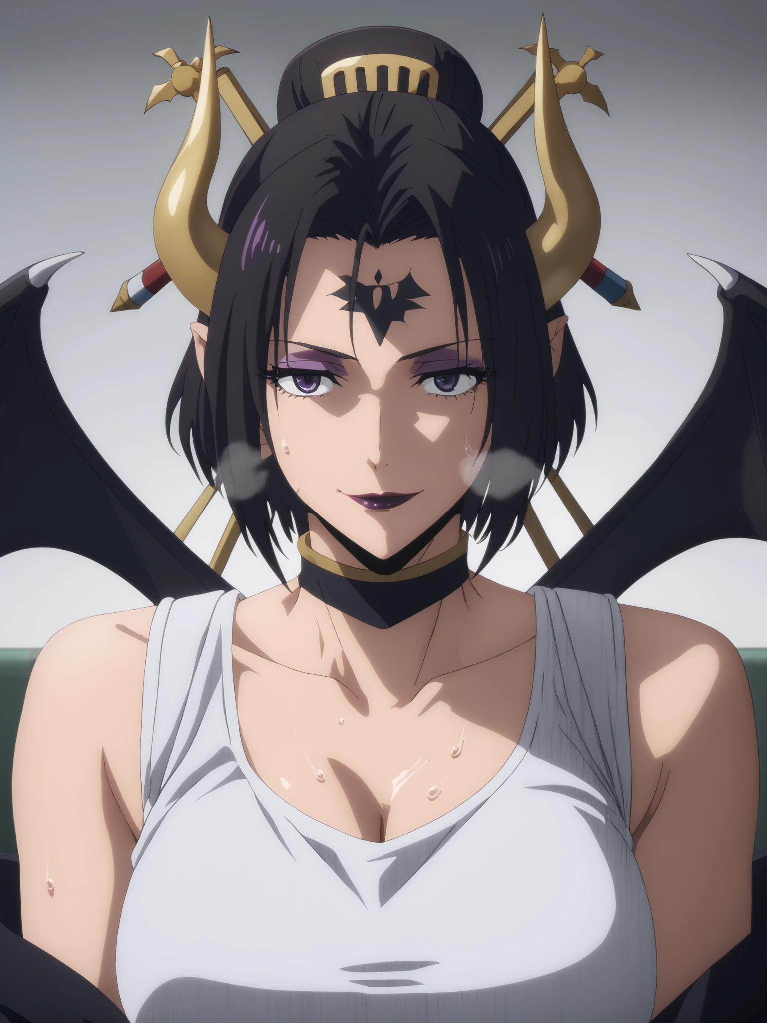 score_9, score_8_up, score_7_up, score_6_up, uncensored, lilithmon, black hair, forehead mark, horns, demon wings, hair ornament, black lipstick, purple eyes, anime coloring, anime screencap, (voluptuous:1.3), (thick:1.3), BREAK UHD, retina, masterpiece, accurate, anatomically correct, textured skin, super detail, high details, high quality, award winning, best quality, highres, 4K, excessive sweating, sweating, sweating drop, (gasping, heavy breathing:1.3), (skindentation:1.2), perfect eyes, beautiful eyes, eyelashes, makeup, detailed body, perfect body, BREAK, boxing gloves, sleeveless tank top, gloves, dim light, reflective, looking at viewer, smirk, half-closed eyes, ((cinematic))