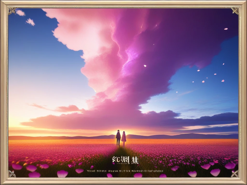 Romantic novel cover in 8k and 3D. A dynamic camera with a slightly counterposed and rotated angle focuses an intimately embraced couple in the center of an extensive vibrant field of wild flowers during a spectacular sunset.  The details are amazing : Each petal, the hair and texture of the clothes can be clearly seen. The golden light of the setting sun bathes the scene, highlighting the colors purple, pink and white of the flowers and the deep blue tones of the clothing. } The expressions of intense and affectionate gaze on their faces are palpable. The sky is a canvas of burning oranges, soft pink and intense purple, with clouds that capture the last rays. The golden and elegant title of the novel stands out in the lower, with the author's name below. The general atmosphere is one of deep connection, passion and natural beauty, inviting the reader to immerse himself in the story.