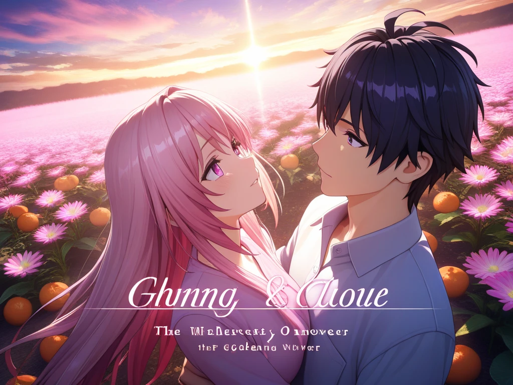 Romantic novel cover in 8k and 3D. A dynamic camera with a slightly counterposed and rotated angle focuses an intimately embraced couple in the center of an extensive vibrant field of wild flowers during a spectacular sunset.  The details are amazing : Each petal, the hair and texture of the clothes can be clearly seen. The golden light of the setting sun bathes the scene, highlighting the colors purple, pink and white of the flowers and the deep blue tones of the clothing. } The expressions of intense and affectionate gaze on their faces are palpable. The sky is a canvas of burning oranges, soft pink and intense purple, with clouds that capture the last rays. The golden and elegant title of the novel stands out in the lower, with the author's name below. The general atmosphere is one of deep connection, passion and natural beauty, inviting the reader to immerse himself in the story.