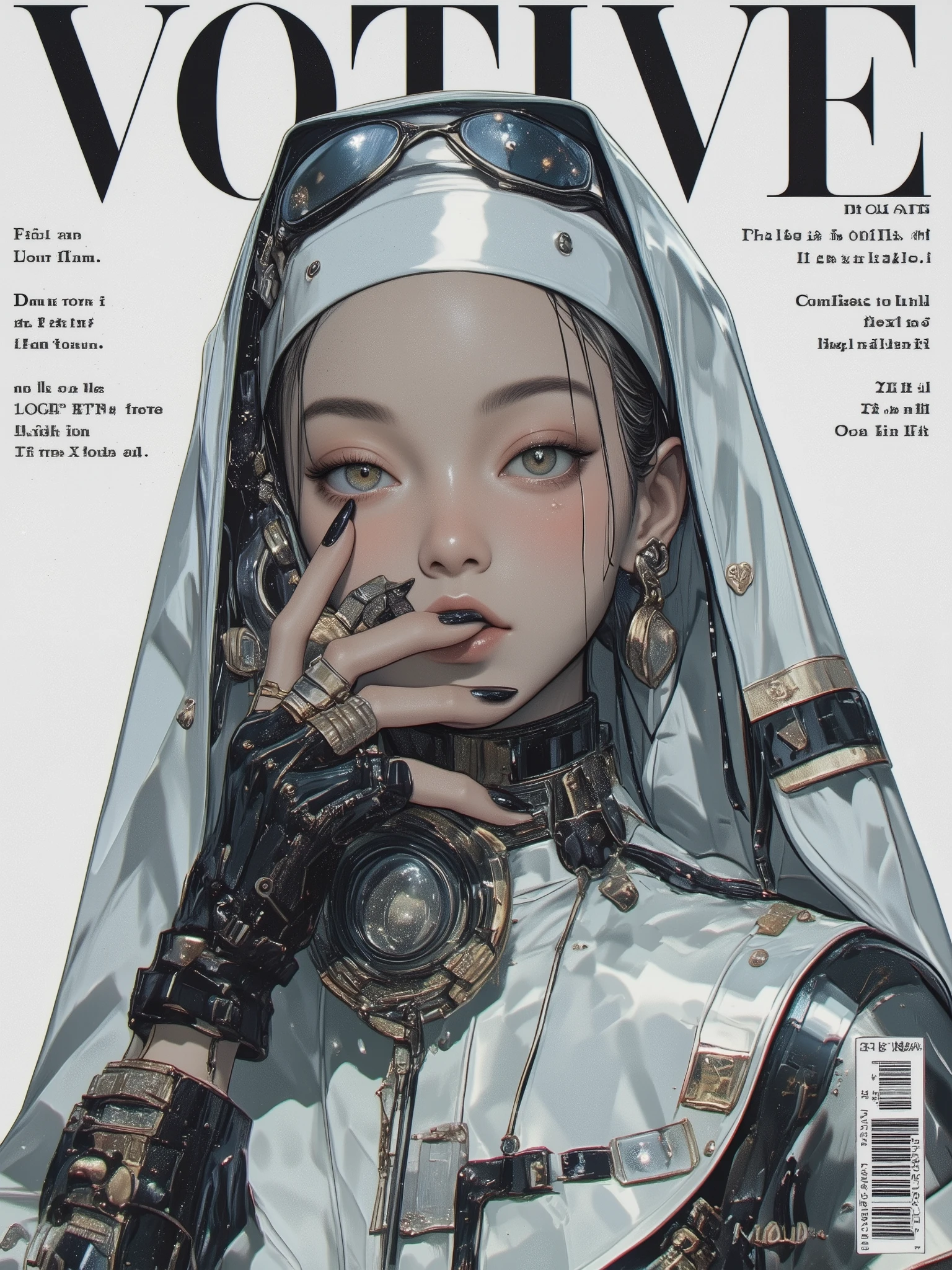 fashion magazine cover featuring a close-up portrait of a stylish woman in a futuristic nun-inspired outfit, wearing a sleek modern habit and avant-garde accessories, her gaze calm and enigmatic, elegant makeup and dramatic lighting, minimal neutral background, editorial layout with space for cover text, large bold title “VOTIVE” at the top, artistic and surreal catchphrases like “Faith. Fabric. Future.” and “Confess to the Algorithm.” placed around her, inspired by high fashion covers from Vogue and Dazed, ultra detailed, best quality, magazine-style design, cinematic lighting, trending on ArtStation,aidmamj6.1,vogue